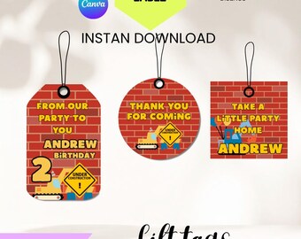 Construction Favor Tags Printable Editable + Free Name Label, Construction Party Tags, Construction Party Decorations Digital Download
