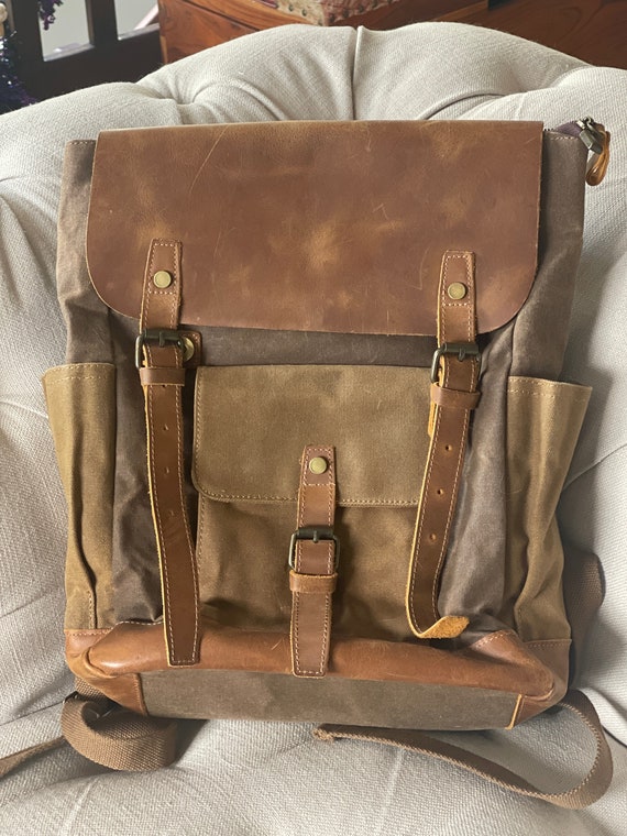 Vintage Handmade Leather & Canvas Backpack Unisex - image 1