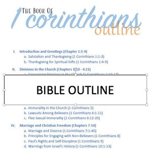 May include: A blue and orange outline of the book of 1 Corinthians with a Bible outline of the book's chapters and verses.