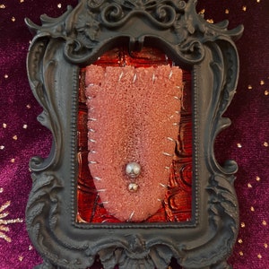Op de afbeelding: Een zwart versierd frame met een roze, getextureerd object erin. Het object heeft een zilveren piercing met twee zilveren ballen. De achtergrond is donkerrood.