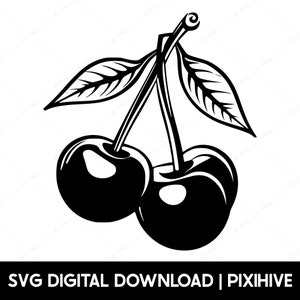 May include: A black and white illustration of two cherries with stems and leaves.