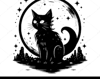 Schwarze Katze SVG, Witchy Sublimation Design, Mystische Katze Vektor Datei, Schwarze Katze Design für Shirt, Halloween Katze Becher Png Design, Spooky Season