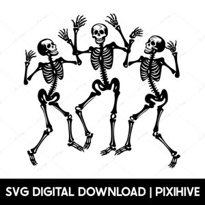 May include: Three black skeleton figures dancing. The skeletons are in a simple line art style with no shading. The skeletons are all in different poses, with their arms and legs raised in the air.