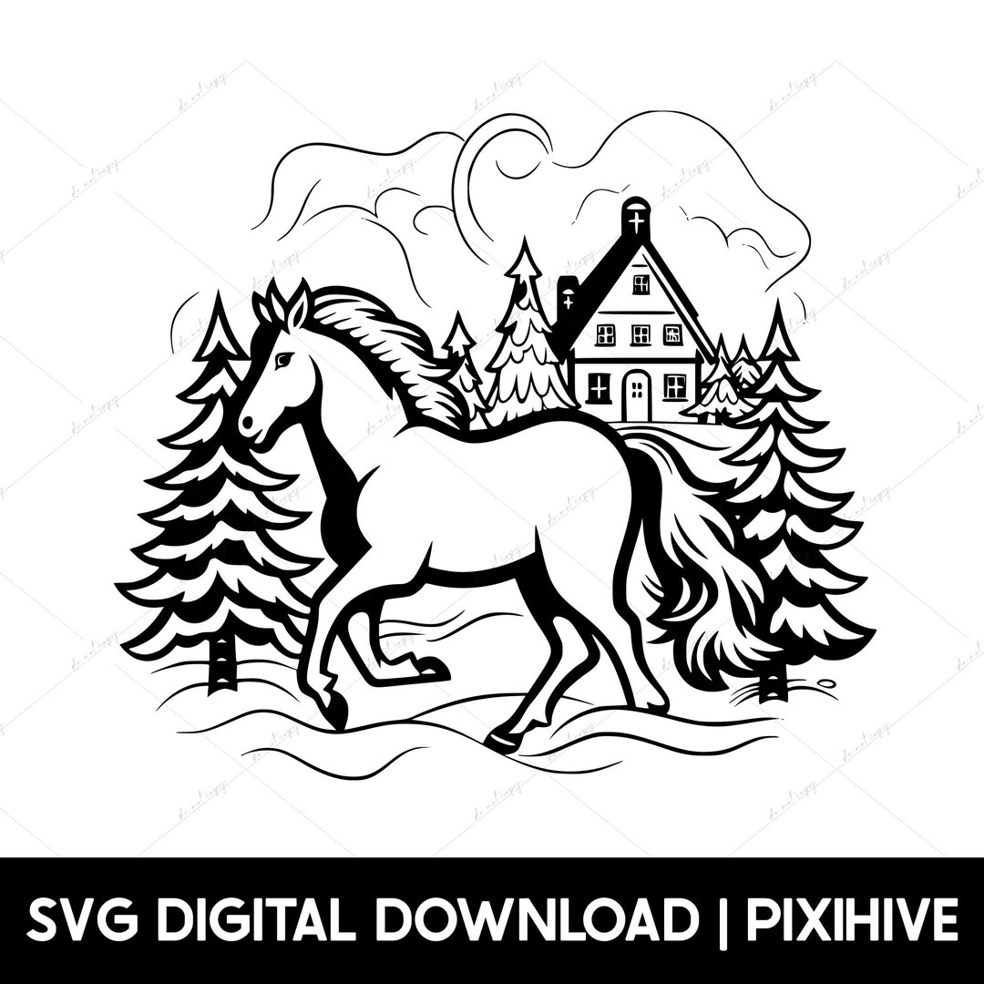 Christmas Horse SVG, Horse Clipart, Holiday Scenery SVG, Equestrian Svg