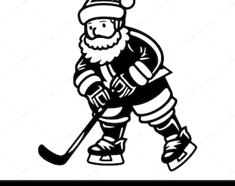 May include: Black and white illustration of Santa Claus playing hockey. He is wearing a traditional Santa suit with a hat and beard, and is holding a hockey stick. He is skating on ice and has a determined expression on his face.