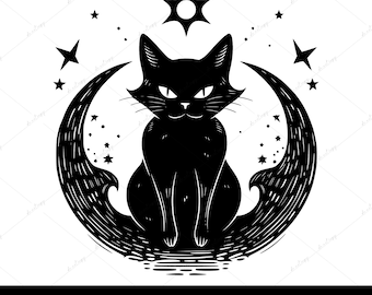 Schwarze Katze SVG, Witchy Sublimation Design, Mystische Katze Vektor Datei, Schwarze Katze Design für Shirt, Halloween Katze Becher Png Design, Spooky Season