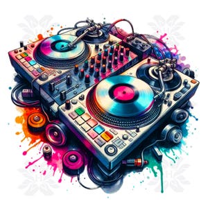Platine DJ PNG - Conception numérique colorée pour sublimation de t-shirt, mixeur DJ, vinyle DJ, cadeau DJ, streetwear, téléchargement numérique