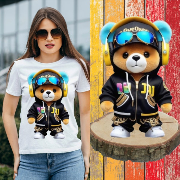 Oso Hip Hop, Oso de peluche SVG con gafas, oso con auriculares estilo hip hop, oso PNG, oso para estampar camisetas - Descarga instantánea