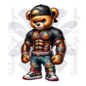 Rapper Style Tattooed Bear, Muscle Hip Hop Bear Digital Design, PNG Graphic, Streetwear Sublimation for T-Shirts, Digital Download