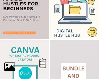 Paquete de ebooks de negocios digitales para principiantes / Trabajos secundarios con IA, Canva para creadores y guía de formatos de archivos digitales / Paquete de inicio para generar ingresos online