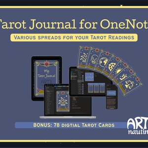 Könnte beinhalten: Eine digitale Illustration eines Tarot-Journals für OneNote mit blauem Hintergrund und goldenen Sternen. Das Journal ist auf einem Laptop-Bildschirm und einem Tablet geöffnet. Das Journal enthält 78 digitale Tarotkarten. Der Text "Tarot Journal for OneNote" und "VARIOUS SPREADS FOR YOUR TAROT READINGS" wird in gelber Schrift auf blauem Hintergrund angezeigt. Der Text "BONUS: 78 DIGITAL TAROT CARDS" wird in weißer Schrift auf blauem Hintergrund angezeigt. Der Text "My Tarot Journal" wird in weißer Schrift auf goldenem Hintergrund angezeigt. Der Text "ARTA nautin" wird in weißer Schrift auf goldenem Hintergrund angezeigt.