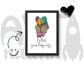 Follow your happiness Printable | Hippopotamus with balloons | SVG Instant Download | Print Illustration | Poster, postcard, image | Slogan
