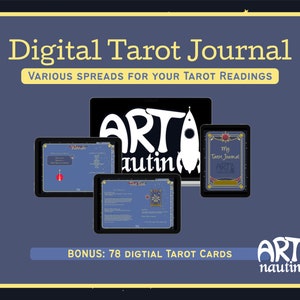 Könnte beinhalten: Digitales Tarot-Journal mit verschiedenen Layouts für Tarot-Lesungen. Enthält 78 digitale Tarotkarten. Das Journal ist blau mit goldenen Akzenten und dem Text "Mein Tarot-Journal" auf dem Cover. Das Logo ist "Art Nautin" mit einer Rakete.