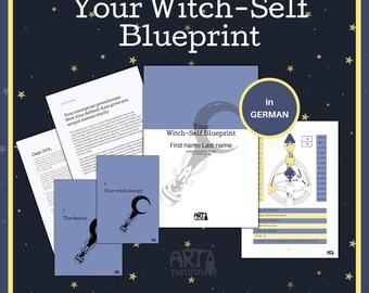 May include: A collection of personalized Human Design reading materials for witches. The design includes a title that reads "Your Witch-Self Blueprint" and other documents with text. The image has a dark blue background with gold stars.
