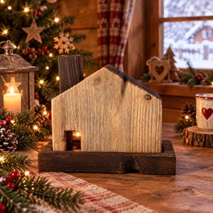 May include: A house-shaped wooden candle holder with a dark brown base and a lighter wood structure featuring a chimney and a small rectangular cutout. The piece is crafted from natural wood with visible grain and charred edges, designed to hold a light.
