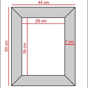 May include: A rectangular picture frame with a light gray border. Red lines and text indicate dimensions: an outer width of 44 cm, an outer height of 54 cm, an inner width of 29 cm, an inner height of 39 cm, and a frame border width of 7 cm.