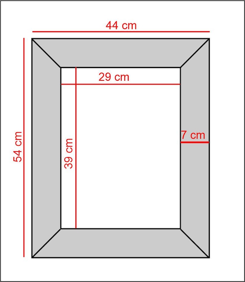 May include: A rectangular picture frame with a light gray border. Red lines and text indicate dimensions: an outer width of 44 cm, an outer height of 54 cm, an inner width of 29 cm, an inner height of 39 cm, and a frame border width of 7 cm.