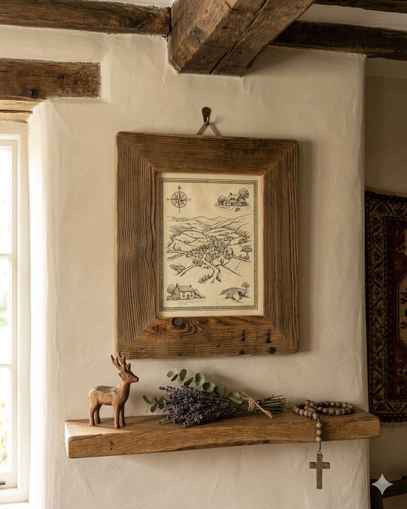 May include: A rectangular wooden frame containing a black and white line drawing of a rural landscape with a compass rose, houses, and hills. Below the frame, a wooden shelf holds a carved wooden deer, dried lavender, and wooden prayer beads.