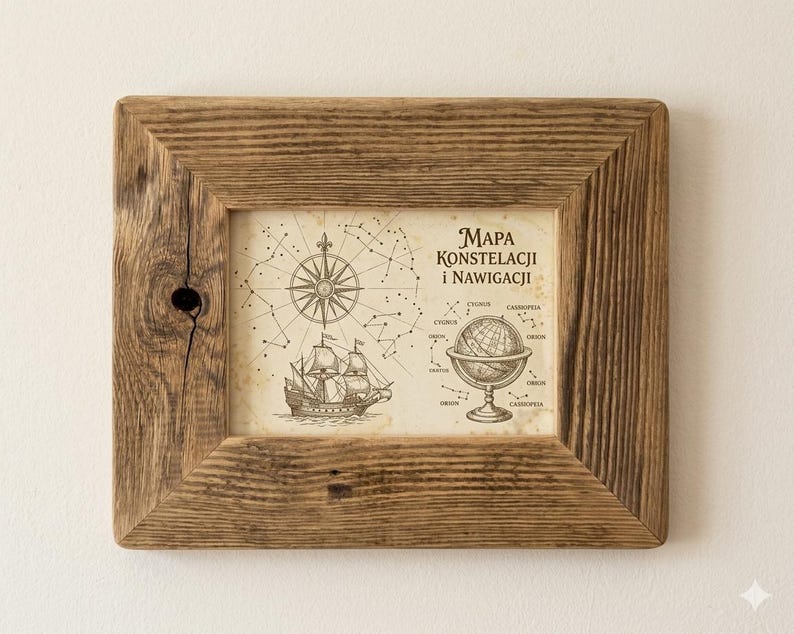 May include: A rectangular wooden frame with a visible grain pattern containing a print titled Mapa Konstelacji i Nawigacji. The print features a compass rose, a sailing ship, a globe, and various star constellations on a cream-colored background.