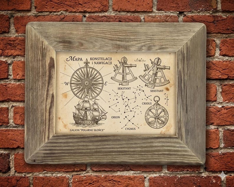 May include: A framed print featuring a vintage-style nautical chart titled "MAPA KONSTELACJI i NAWIGACJI". The illustration includes a compass rose, a sailing ship labeled "GALION POLARNE SŁOŃCE", two sextants, and star constellations labeled Orion, Crious, and Cygnus.