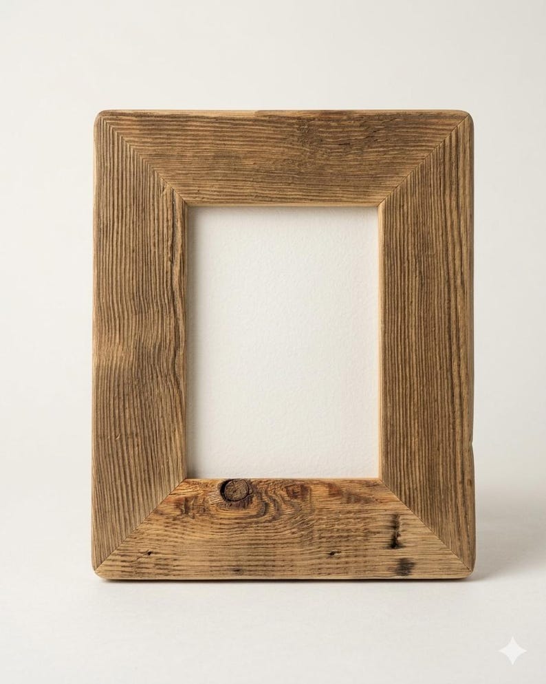 May include: A rectangular picture frame constructed from weathered brown wood with a visible grain pattern and a prominent knot detail at the bottom center. The frame features a simple mitered corner design and surrounds a plain white rectangular center.