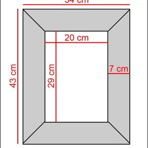 May include: A rectangular gray picture frame with red measurement lines and text. The outer dimensions are 34 cm by 43 cm, the inner opening is 20 cm by 29 cm, and the frame border width is 7 cm. The frame has a simple, flat, four-sided design.