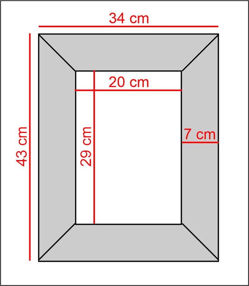 May include: A rectangular gray picture frame with red measurement lines and text. The outer dimensions are 34 cm by 43 cm, the inner opening is 20 cm by 29 cm, and the frame border width is 7 cm. The frame has a simple, flat, four-sided design.