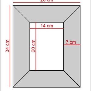 May include: A rectangular gray picture frame with a wide border. The outer dimensions are 28 cm by 34 cm, while the inner opening measures 14 cm by 20 cm. The frame border width is 7 cm. The measurements are clearly marked in red text on the image.