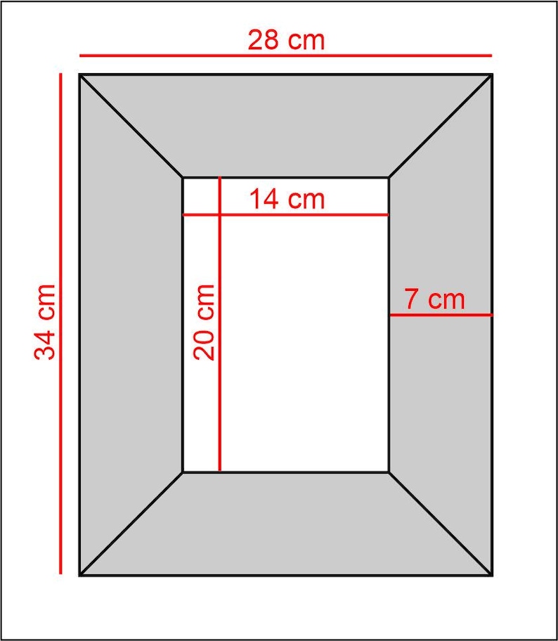 May include: A rectangular gray picture frame with a wide border. The outer dimensions are 28 cm by 34 cm, while the inner opening measures 14 cm by 20 cm. The frame border width is 7 cm. The measurements are clearly marked in red text on the image.