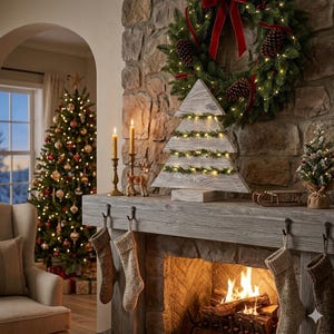 May include: A triangular wooden Christmas tree decoration with a weathered white finish, wrapped in warm white string lights. The tree sits on a stone fireplace mantel alongside two brass candlesticks, a small deer figurine, and a miniature sled.