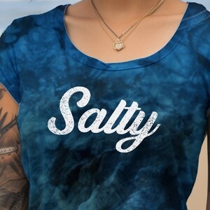 Salty, navy on blue tie-dye tee, show your salty attitude, surfer beach island style, soft 100% cotton unisex t-shirt