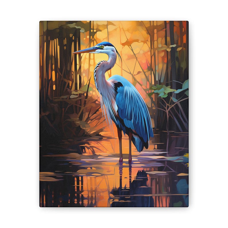 Great Blue Heron standing in a moody marsh sunrise, heron, sunrise, orange and blue, wall art