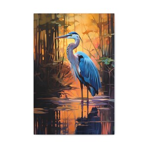 8" w x 10" h
Great Blue Heron standing in a moody marsh sunrise, heron, sunrise, orange and blue, wall art