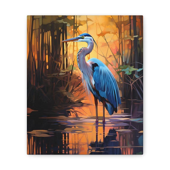 Heron Sunrise Canvas Gallery Wraps, a vibrant image of a great blue heron in a lush tropical salt marsh landscape