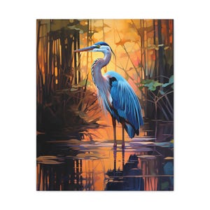 24" w x 18" h
Great Blue Heron standing in a moody marsh sunrise, heron, sunrise, orange and blue, wall art