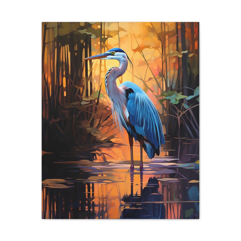 24" w x 18" h
Great Blue Heron standing in a moody marsh sunrise, heron, sunrise, orange and blue, wall art