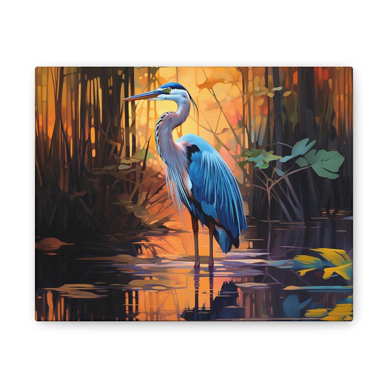 10" w x 8" h
Great Blue Heron standing in a moody marsh sunrise, heron, sunrise, orange and blue, wall art