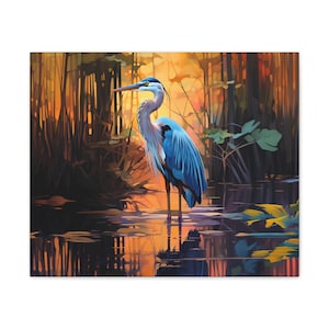 Great Blue Heron standing in a moody marsh sunrise, heron, sunrise, orange and blue, wall art