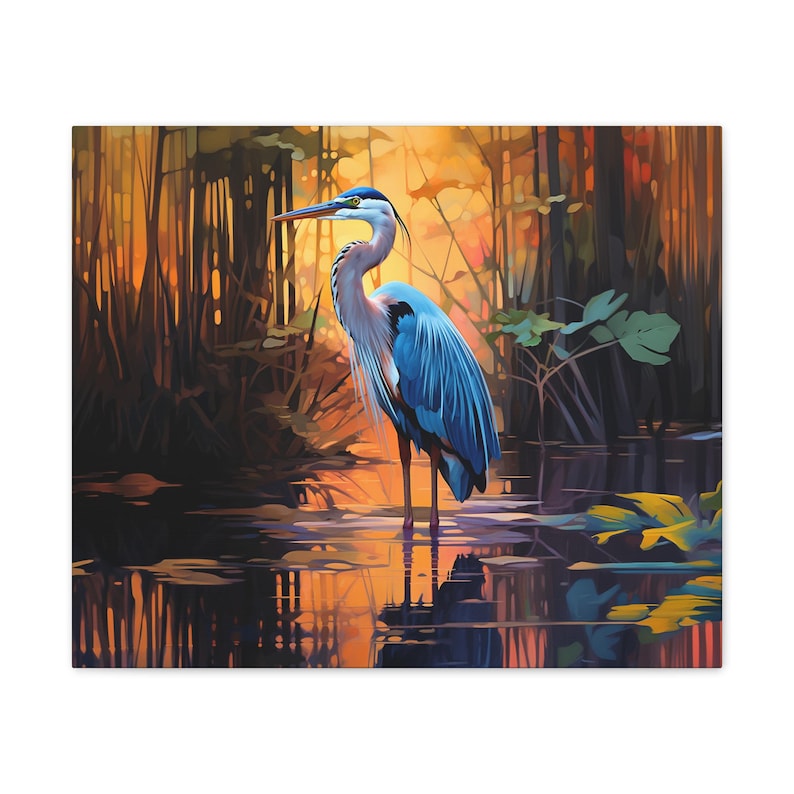 Great Blue Heron standing in a moody marsh sunrise, heron, sunrise, orange and blue, wall art