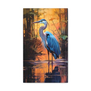 Great Blue Heron standing in a moody marsh sunrise, heron, sunrise, orange and blue, wall art