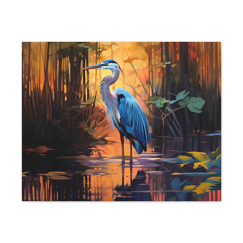 10" w x 20" h
Great Blue Heron standing in a moody marsh sunrise, heron, sunrise, orange and blue, wall art