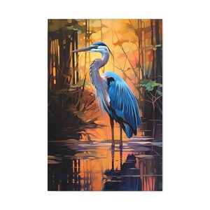 Great Blue Heron standing in a moody marsh sunrise, heron, sunrise, orange and blue, wall art