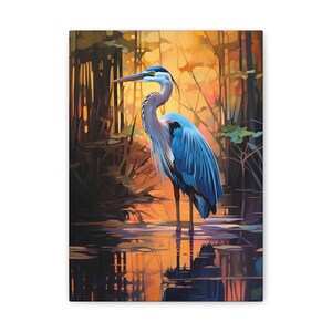 5" w x 7" h
Great Blue Heron standing in a moody marsh sunrise, heron, sunrise, orange and blue, wall art
