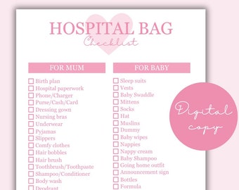 May include: A pink checklist for a hospital bag with sections for "For Mum" and "For Baby". The checklist includes items such as birth plan, phone charger, nursing bras, sleep suits, baby swaddle, and car seat.