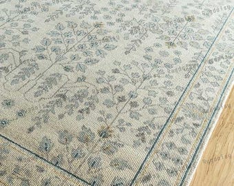 Blue Floral Pattern Large Hand Knotted Oushak Area Rugs For Dining Room Living Room, Runner Rugs, Antique Contemporary Rug, Oushak Area Rugs