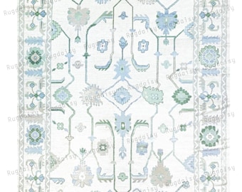 White Ivory Green & Light Blue Muted High Quality Modern Oushak Rug Premium Wool Hand Knotted Turkish Inspired CUSTOMIZE in any size 9 x 13 ft