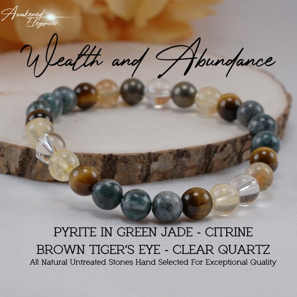 Money Success Wealth Abundance Bracelet, 8MM Beads, Pyrite, Green Jade, Citrine, Tiger's Eye, Manifesting, Law of Attraction