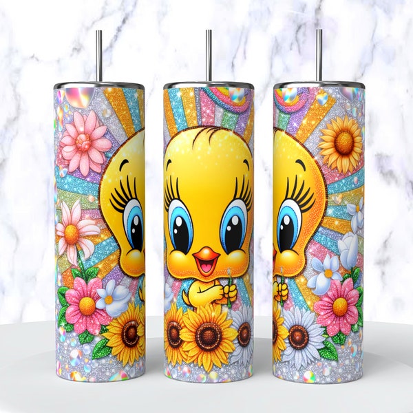 Diseño de envoltura de vaso de pájaro de dibujos animados de 20 oz, envoltura de vasos Tweety, diseño de vasos de dibujos animados de Tweety, T Bird Cartoon, Digital 20oz 300DPI