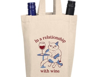 Cute Wine Cat Tote Bag Cotton Canvas Hostess or Sommelier Gift for Wine Lovers or Wine Tasting & Shopping In a Relationship with Wine