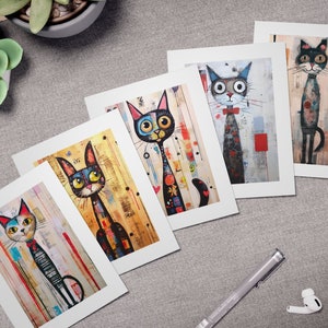 Funny & Whimsical Art Cat Note Cards, Unique Cute Cat Stationery, Greeting Card Pack of Five, Benefits Nonprofit Rescue